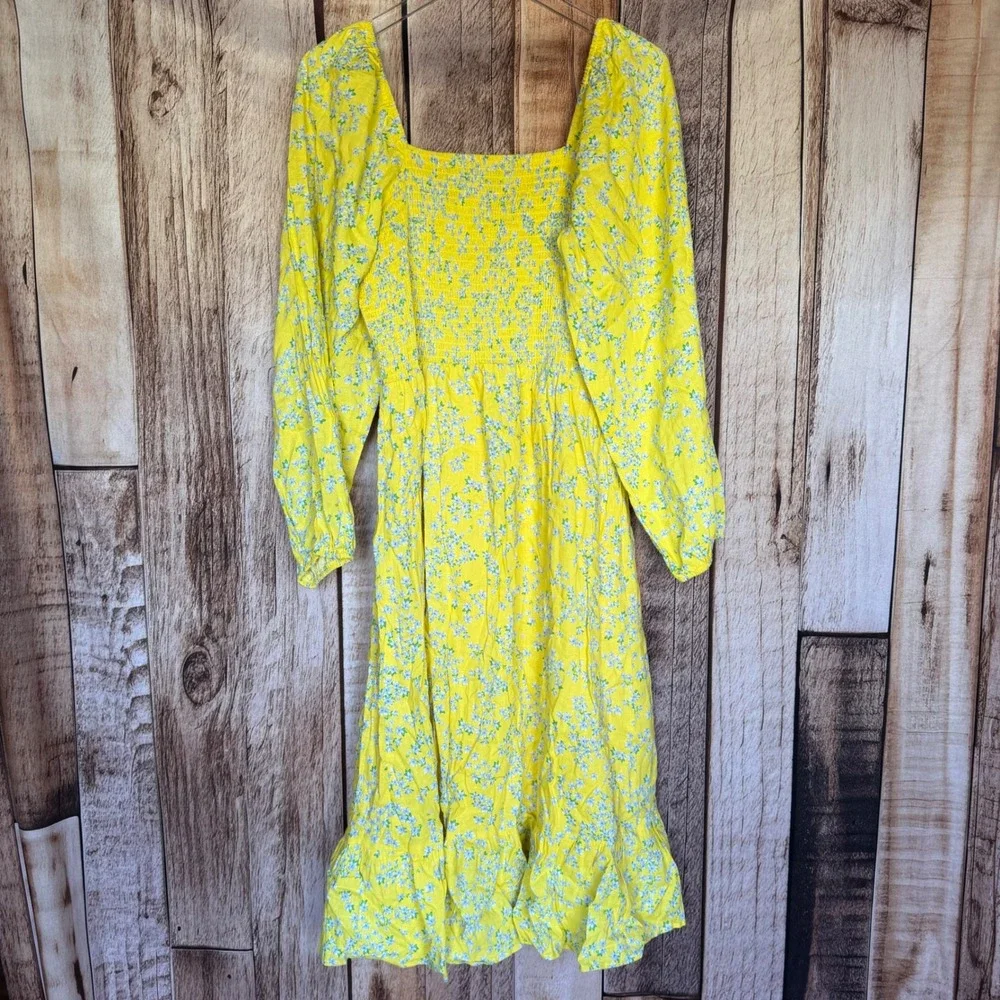 Draper James Smocked Floral Midi Dress Cottagecore Prairie Spring‎ Yellow XL NWT